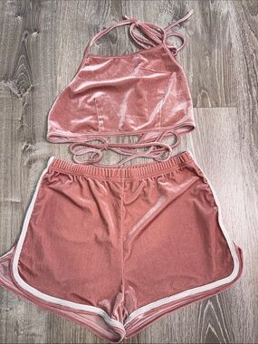 SHEIN Pink Velvet Halter Crop Top and Shorts Set